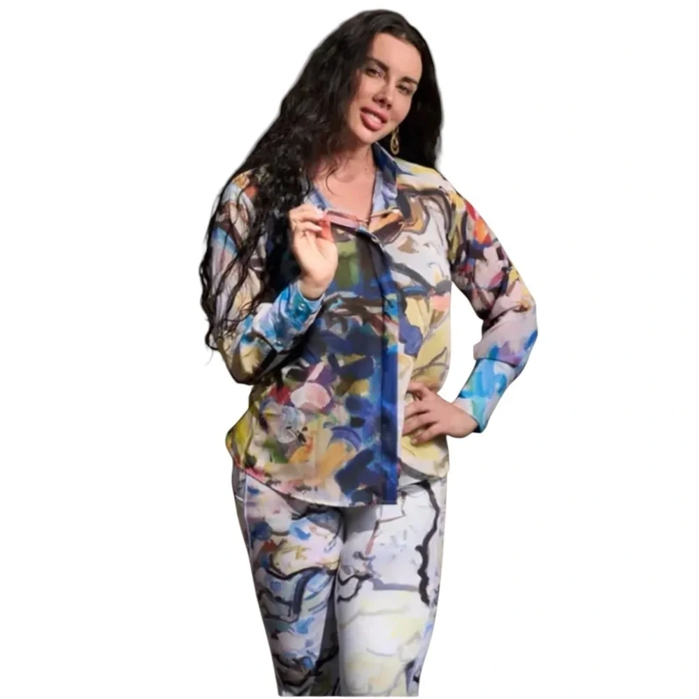 Dena Lyons NWOT Palm Beach Button Down Art brush strokes‎ long sleeve colorful 4